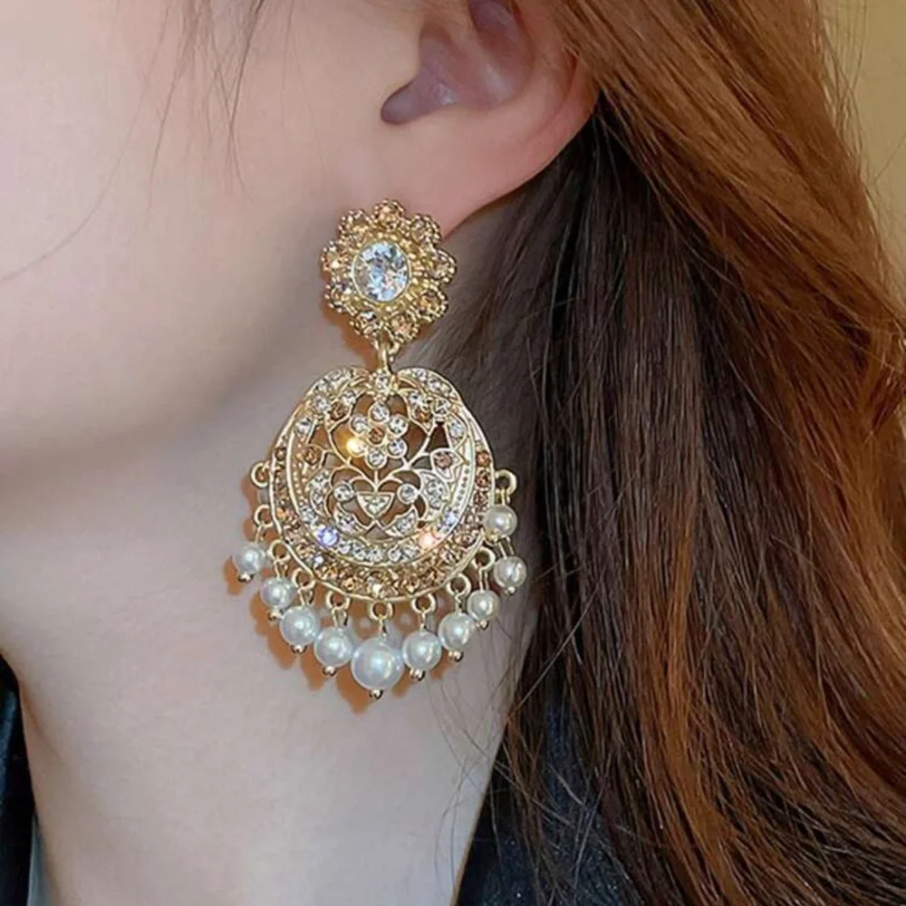 Vintage Palace Chandbali Earrings | Gold Tone Rhinestone & Faux Pearl Dangles